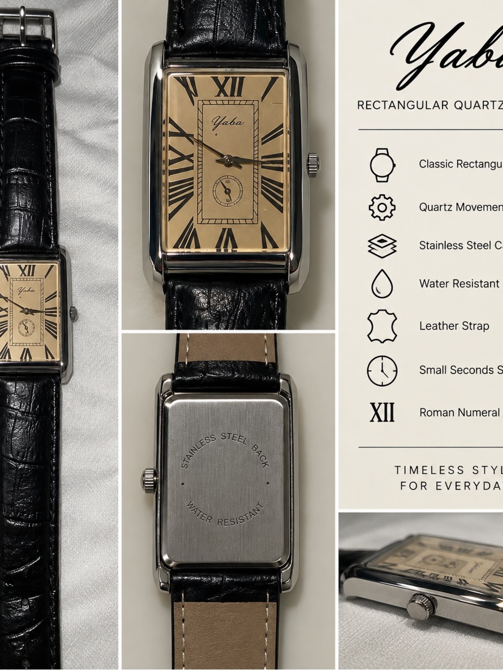 Men's Rectangular Leather Strap Watch - Black and Gold